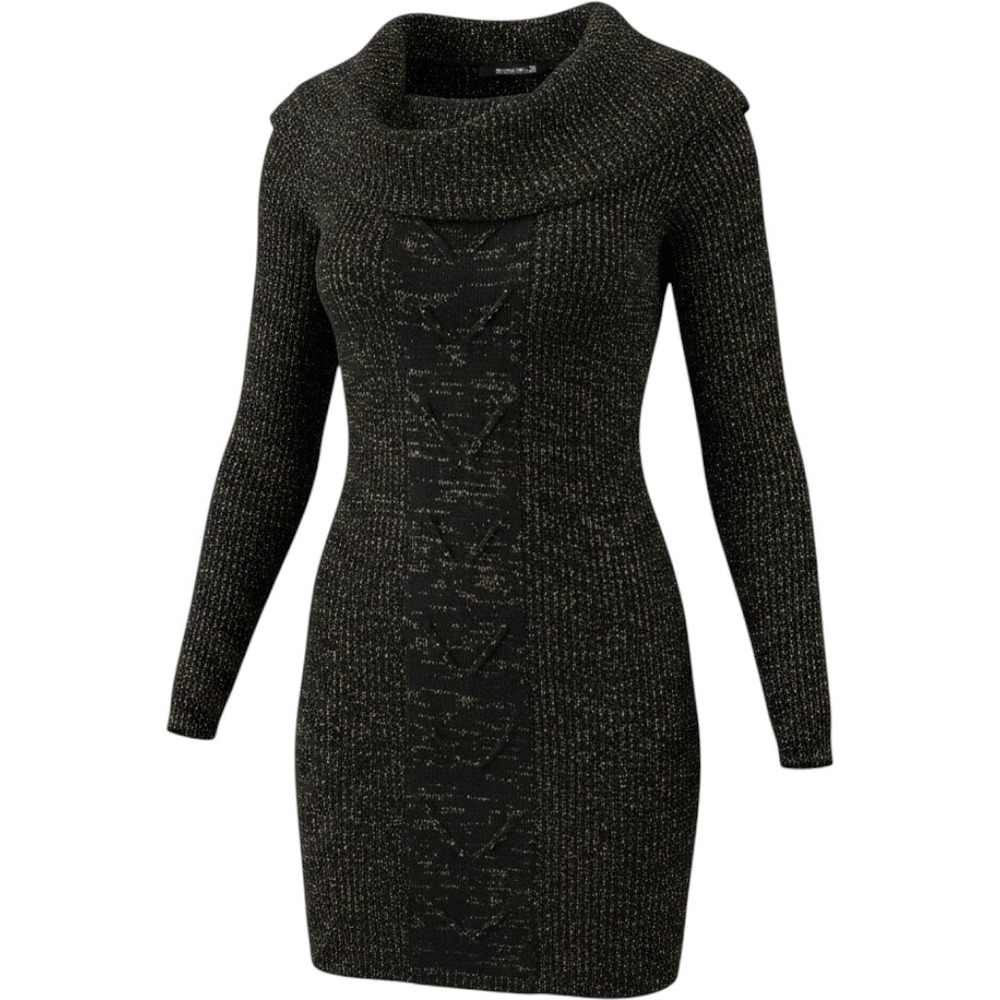 Extra Touch Sweater Dress Womens 2X Black Gold Metallic Cowl Neck Cable Knit
